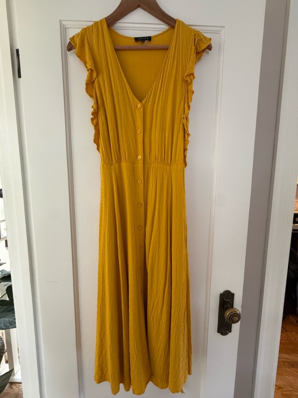1. State Mustard Yellow Button-Front Maxi Dress with Ruffle Sleeves